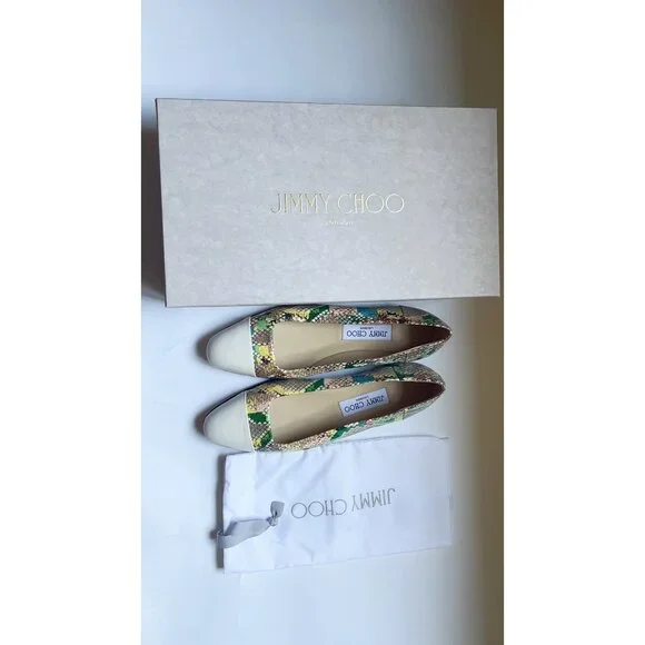 Jimmy Choo Cap-Toe Snakeskin-Embossed Leather Ballerina Flats size 37.5